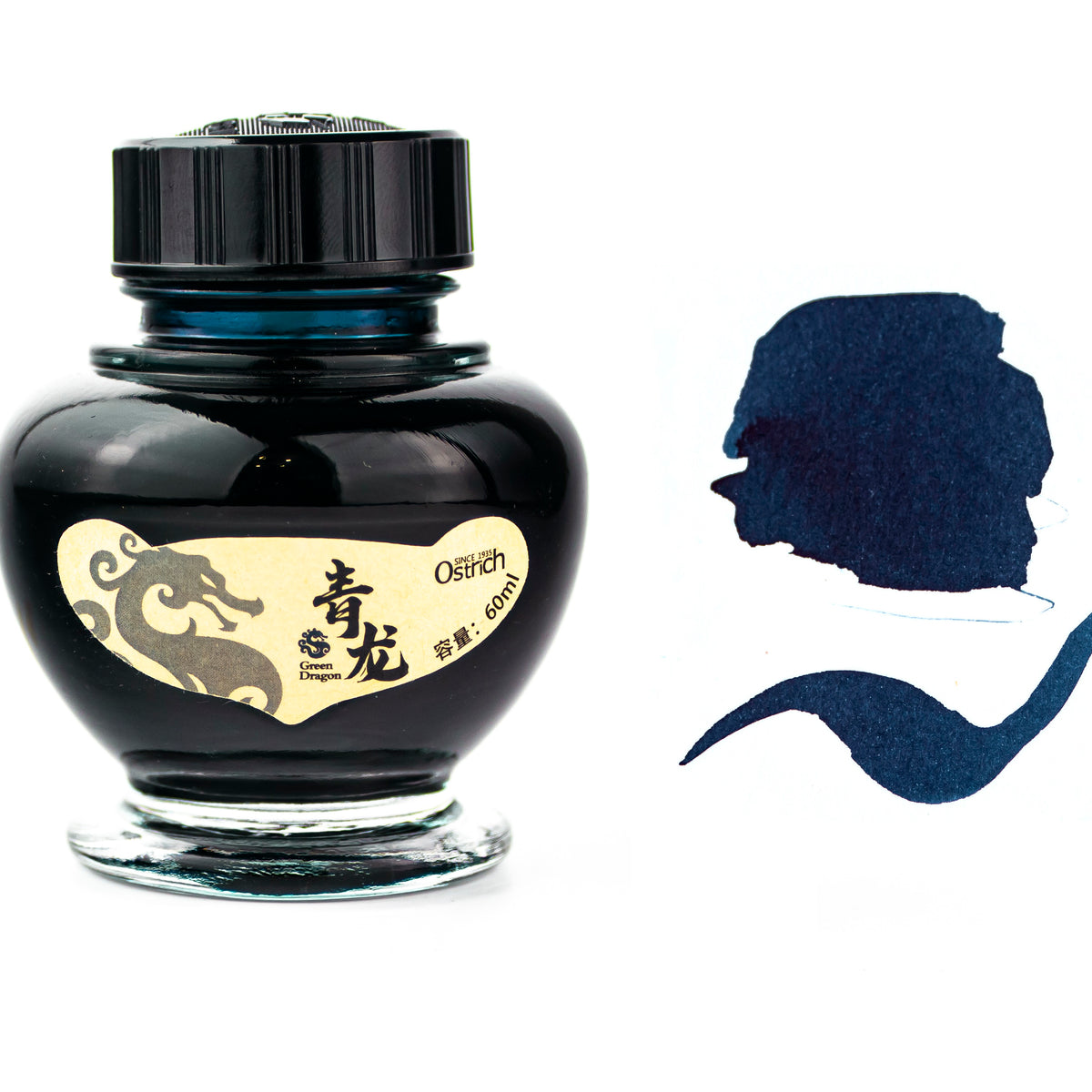 Ostrich Iron Gall Fountain Pen Ink Bottle, Dragon, Blue/Black
