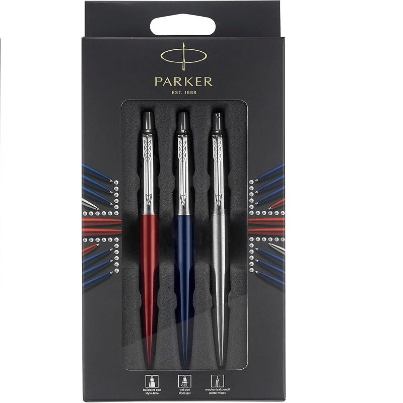 Parker 3-Piece Jotter Set, Blue Ballpoint Pen, Red Gel Pen, Stainless Pencil