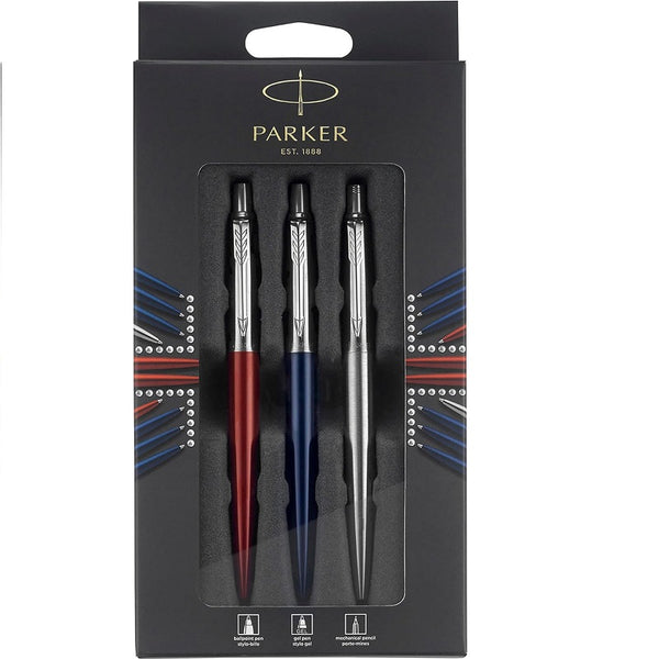 Parker 3-Piece Jotter Set, Blue Ballpoint Pen, Red Gel Pen, Stainless Pencil