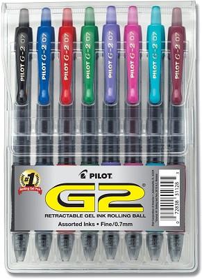 Pilot G2 Retractable Gel Ink Rolling Ball Pens , Assorted Ink , 8 Pack