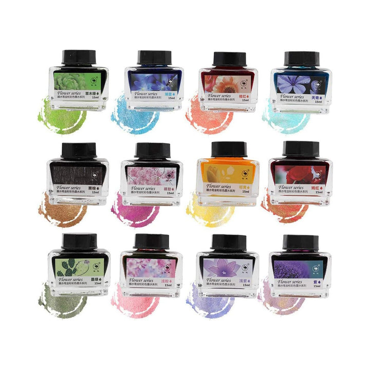 Ostrich Fountain Pen Ink Bottles, Flower Series, 12 Bottles