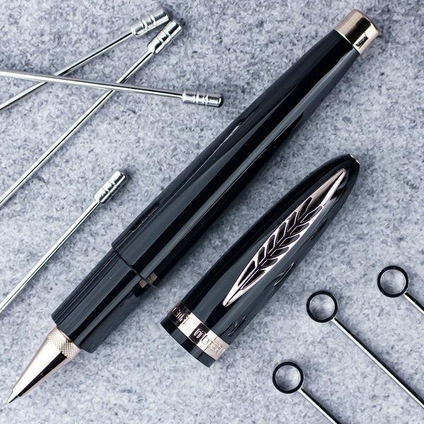 Pineider Modern Times (Tempi Moderni) Black - Rose Gold Trim, Rollerball Pen