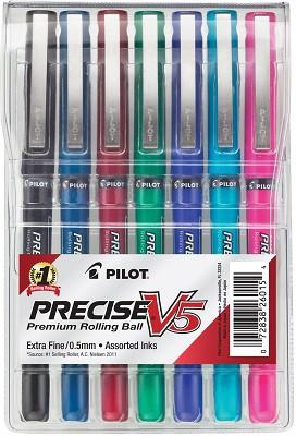 Pilot Precise V5 Premium Rolling Ball Pens , Assorted Ink , 7 Pack