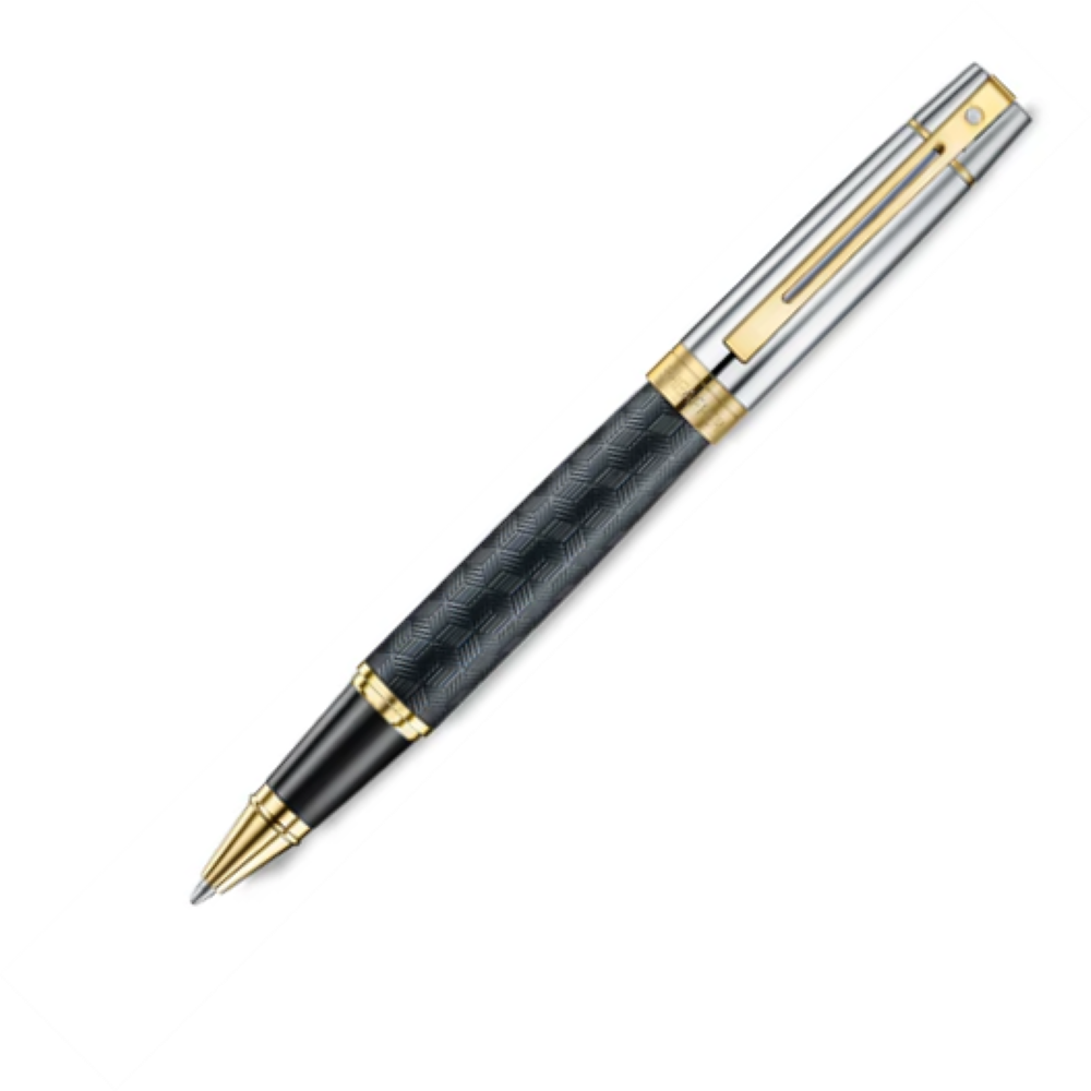 Sheaffer 300 Engraved Black w Chrome Cap, PVD Gold Trim Rollerball Pen