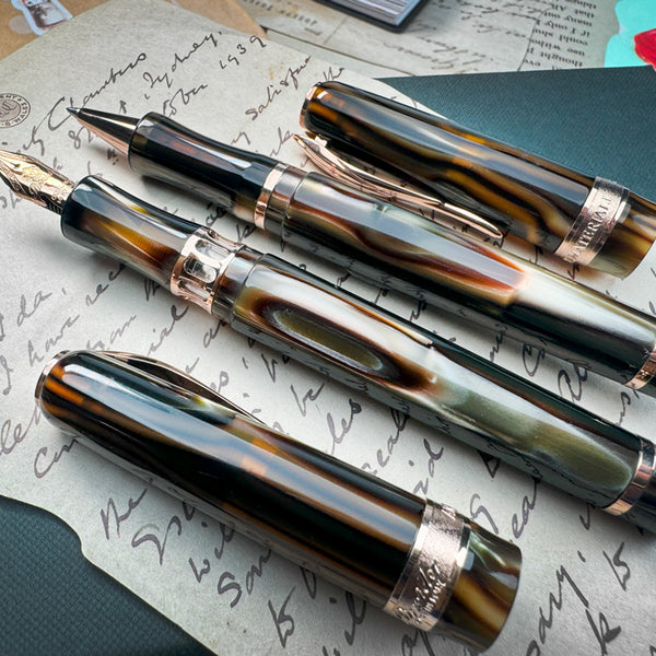 Pineider Limited Edition Ancient Materials Ruffles Gold Rollerball Pen, Rosegold Trim