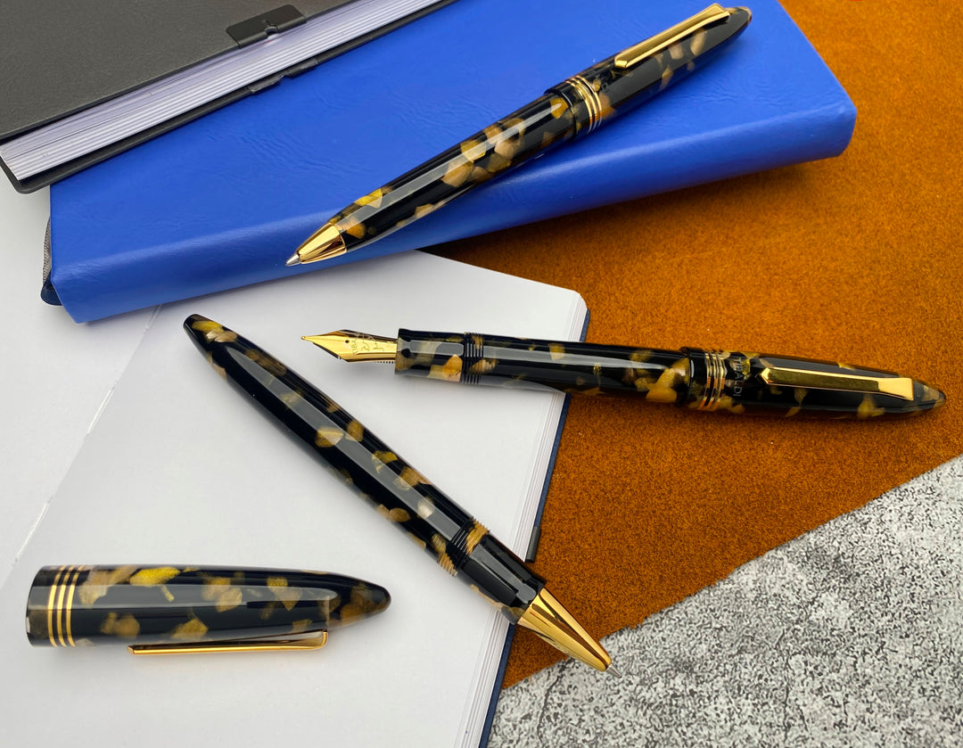 Tibaldi Bononia Fountain Pen, Black & Gold, 18K Gold Plated Trim