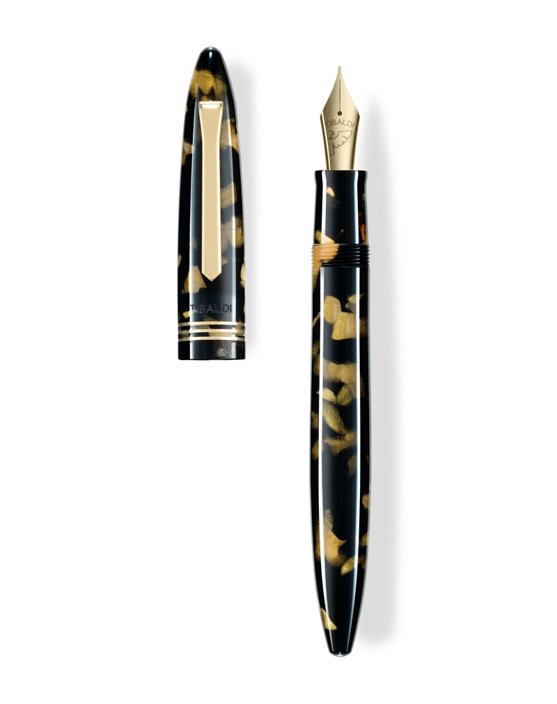 Tibaldi Bononia Fountain Pen, Black & Gold, 18K Gold Plated Trim