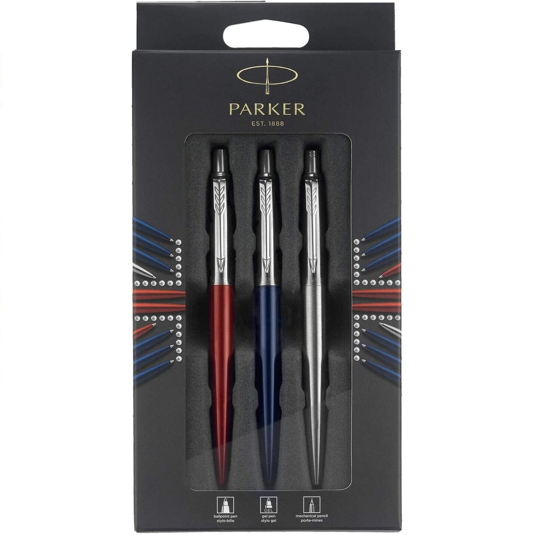 Parker 3-Piece Jotter Set, Blue Ballpoint Pen, Red Gel Pen, Stainless Pencil